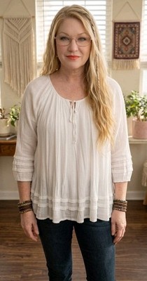 Max Studio White Gauze Rayon Peasant Blouse Women's 2X Tiered Sleeve flowy