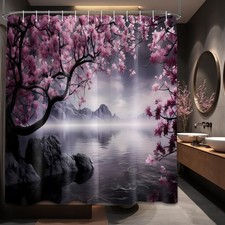 Japanese Shower Curtain Asian Cherry Blossom Mountain Waterproof 70x72 Inch