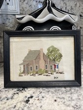 Vintage Framed Cottage Cross Stitch Needlepoint Wall Art Handmade Country House
