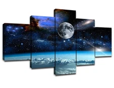 5 Pieces Canvas Art Outer Space Universe Planet Earth Galaxy Stars Pictures W...