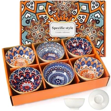 Ceramic Rice Bowl Set of 6, 10oz Bohemian Style Ceramic Bowl Set, Colorful Se...