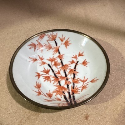 Japanese Porcelain Bowl/Plate Maple Leaf Bamboo Design, Gold Tone Rim