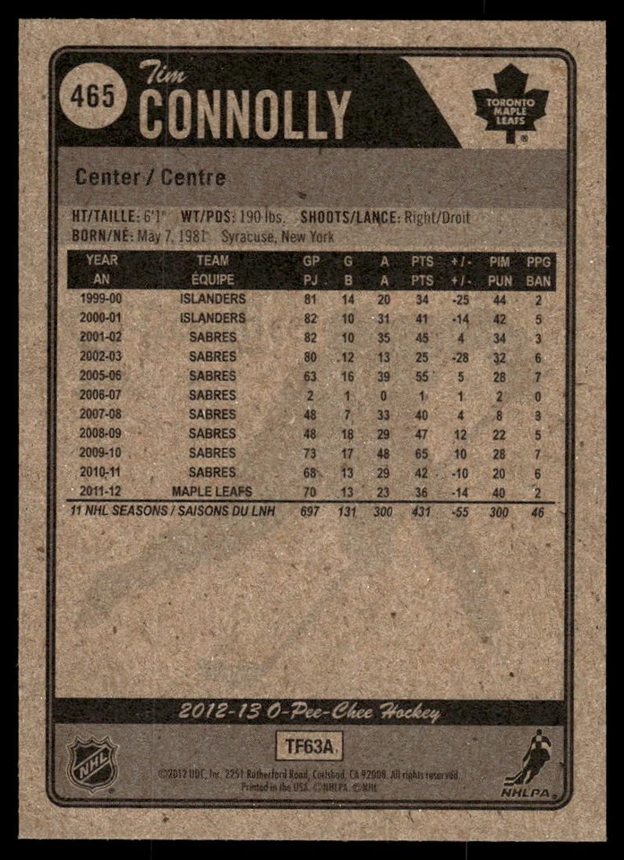 2012-13 O-Pee-Chee #465 Tim Connolly Toronto Maple Leafs Hockey Card - Image 2 of 2
