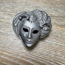 Vintage Torino Pewter Trinket Set Mardi Gras Mask Brooch Earrings Pendant