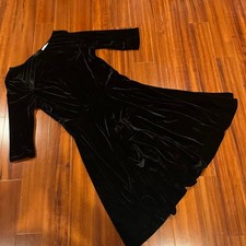 Unique Vintage Black Dress Velvet Velour Fit Flare Midi Dress Retro Size M 6 / 8