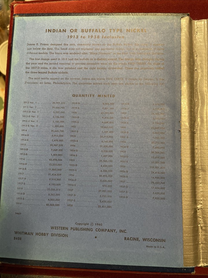 Buffalo Nickels (Indian Head) Coin Album – 1913-1938, Whitman Classic Series