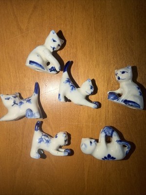 Six Vintage Miniature Dutch Delftware Kittens Playing Figurines