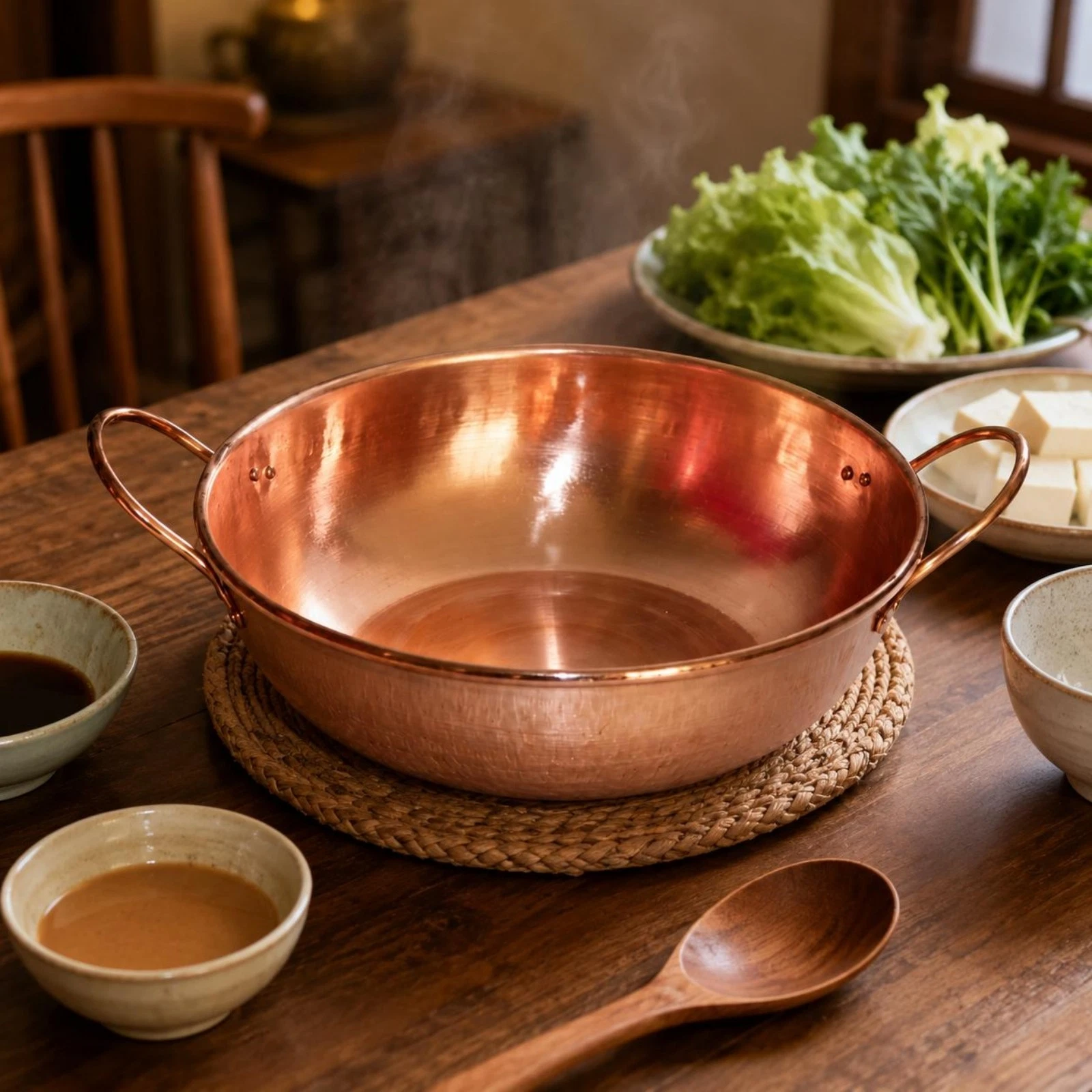 Copper Cooking Pot Loop Handles Round Shallow Pot Even Curved Walls