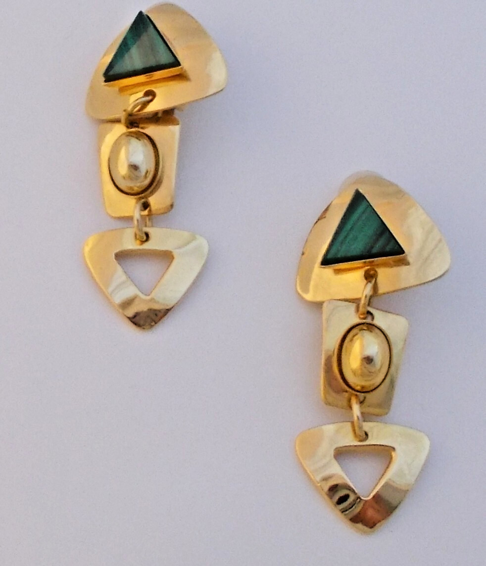 Triangular Malachite Clip-on Earrings with Gold-t… - image 3