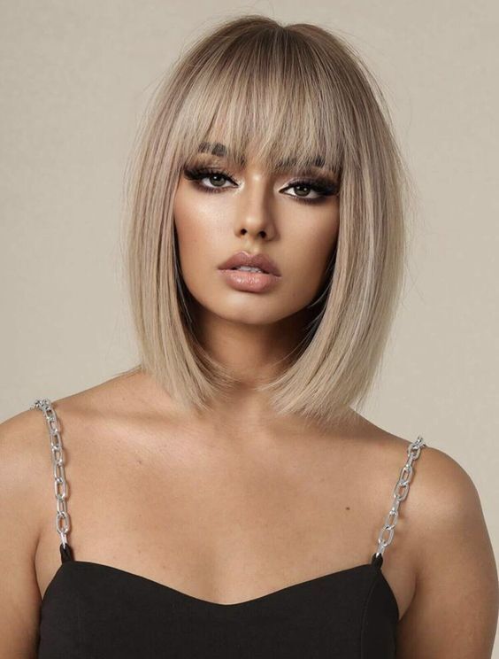 Short Straight Blonde Bob Wig With Bangs No Lace for Women  display picture 1