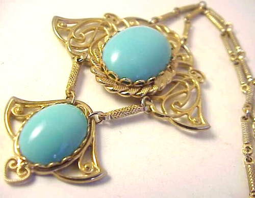 Colgante Vintage Imitación Turquesa Ovalados Cabujones Tono Dorado Articulado Sin Firmar - Imagen 5 de 8