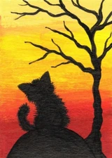 ACEO Mini *Art Print* Black Cat Kitten & Yeallow Red Sunrise Tree by Saulite