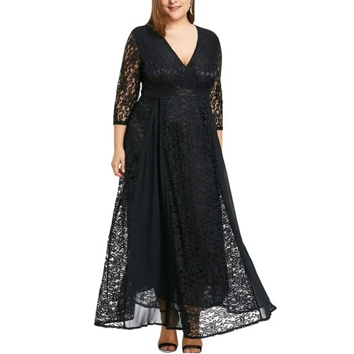 Maxi vestido de encaje para mujer cintura alta manga 3/4 cuello en V imitación frontal abertura cóctel XL - Imagen 4 de 5