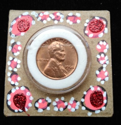 1964 d Lincoln Cent birthday penny on decorated Memory Trinket Stash coin Box