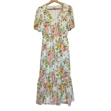 Tahari White Floral Print Ruffle Hem Dress Size 6 Romantic Feminine Fairy
