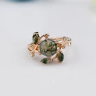 Natural Hexagon Moss Agate Ring 925 Sterling Silver Leaf Ring Wedding Gift