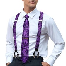 Men's Suspenders and Tie Set Y Braces Pocket Square 6 Clips Tuxedo Wedding