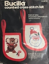 Vintage Bucilla Mini Stocking Ornaments Santa  Teddy counted cross stitch kit