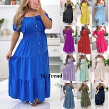 Women Elasticated Bardot Off Shoulder Button Magic Ladies Summer Long Maxi Dress