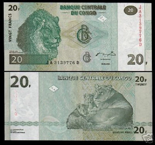 CONGO DR. 20 FRANCS P-94 2003 LION CUB UNC x 100 Pcs Bundle LOT Zaire BANKNOTE - Image 3 of 3