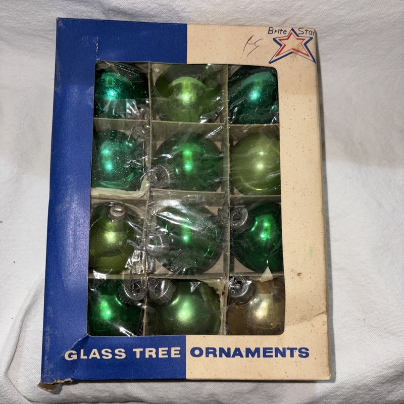 Vintage Brite Star Christmas Glass Ball Green Ornaments Original Box 12