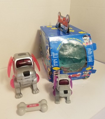 Vintage Poo-Chi Interactive Robot Dog & Bone Tiger 2000 Metallic and Pink Works+