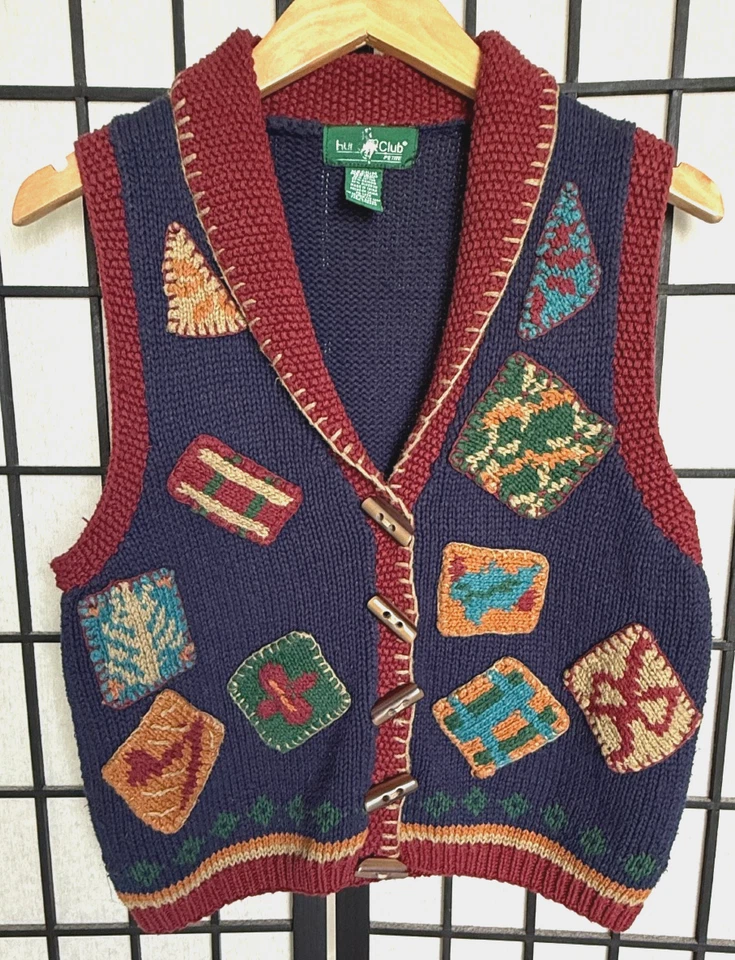 Chaleco Suéter Hunt Club Para Mujer Tejido Retazos Palanca Botón Talla PM De Colección Años 70 Foto 2 de 4