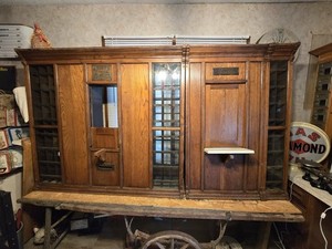 Antique Huge Wood and Glass Post Office Boxes Window Cabinet Counter Unit 