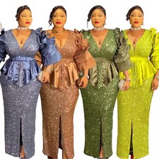 African Women Sequin Bodycon Maxi Dress Evening Prom Formal Cocktail Party Gown