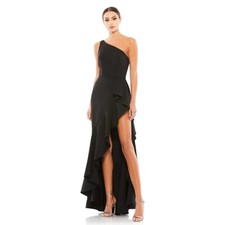 Ieena Mac Duggal 6 black One Shoulder High Slit Ruffle Gown dress prom formal 