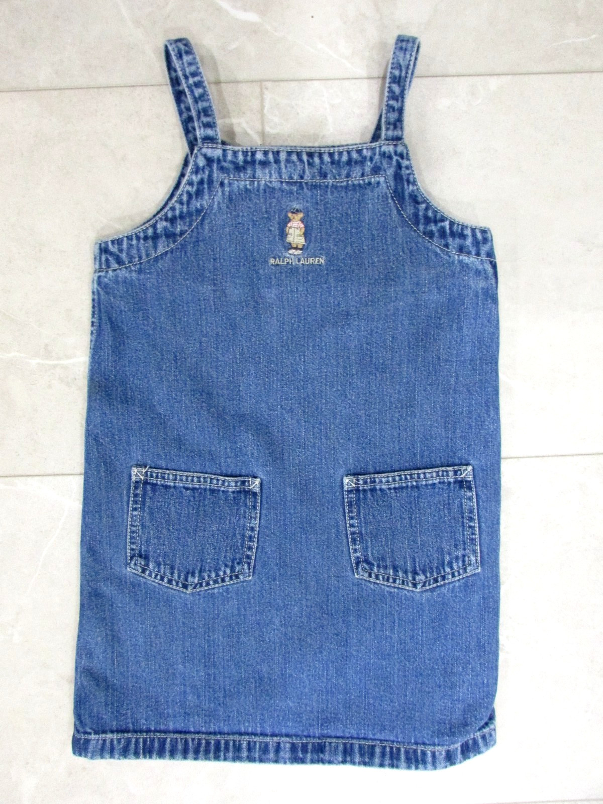 Vintage Ralph Lauren Girls Denim Jumper Dress Size 5 Polo Bear Y2K