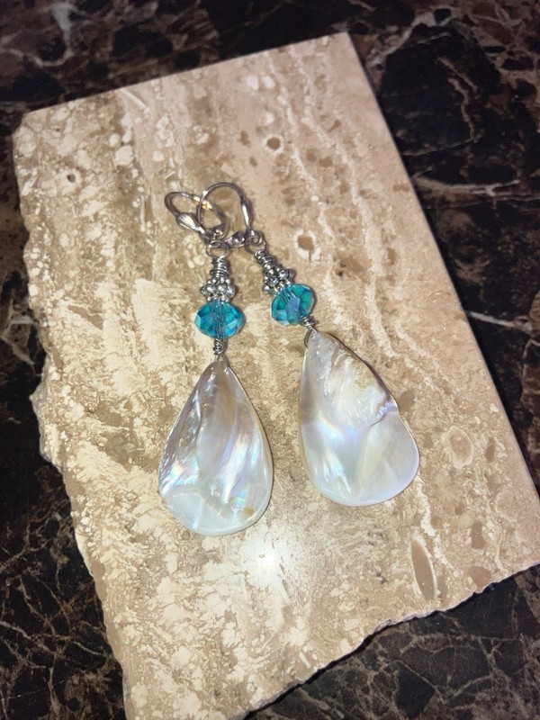 Handmade Natural Shell & Aqua Glass Earrings w/ Sterling Plated Wires New 2.5”