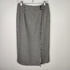 Vintage Talbots Black  White Houndstooth Faux Wrap Maxi Skirt Fringe 8  0591
