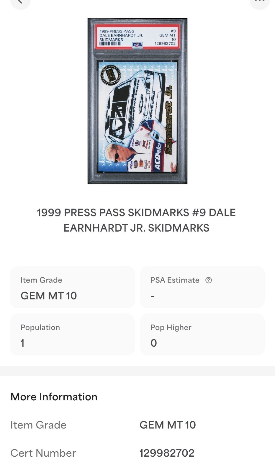 1999 Press Pass Iconic Skidmarks Insert Dale Earnhardt Jr PSA 10 POP 1 NASCAR SP view 4