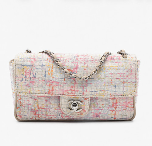 CHANEL Flap 2004 2005 Printed Canvas Watercolor Karl Lagerfeld Bag Pink Chain
