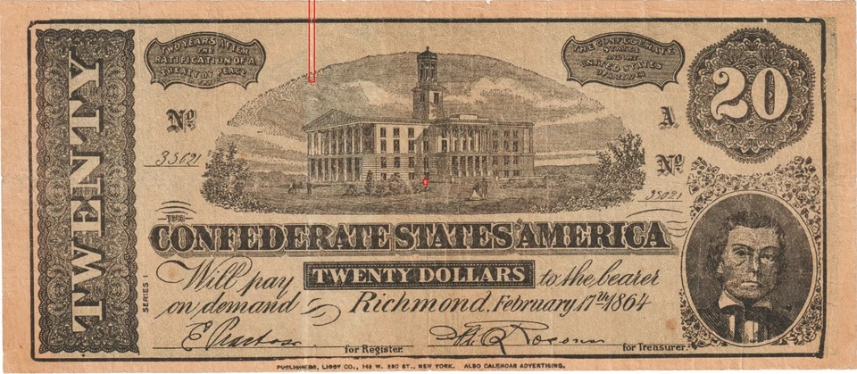 CONFEDERATE STATES $20 BANKNOTE FEBRUARY 17, 1864 Libby Co. — PLEASE HELP ID - Image 2 of 3