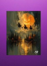 Witches Broomstick Race ACEO Giclee | Halloween Hollow Folk Art | Moon