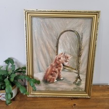 Signed Framed Oil Painting On Board Ingram Kitten Mirror Kitch
