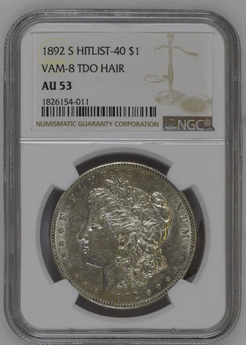 1892 S Morgan Silver Dollar NGC AU-53 S VAM-8 TDO HAIR