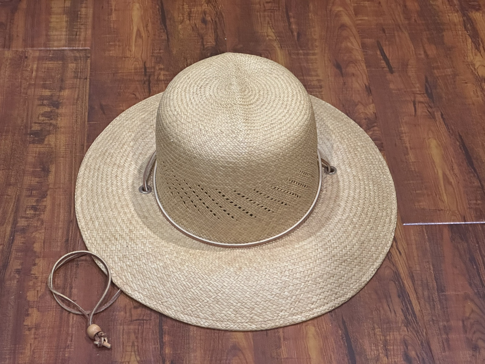 Vintage S.F. Green San Francisco Woven in Equador Straw Leather Strap Panama Hat Panama Hat Medium Straw Woven Hand Painted Ecuador Beige  main image 4