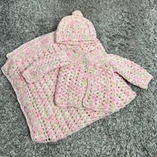 Handmade Crochet Newborn Set Pink Embroidered Blanket Cardigan Hat