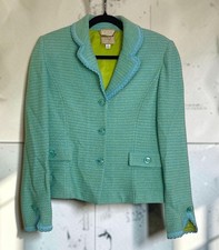 St John Couture Tweed Knit Crochet Jacket women's size 6 made in USA Blue Green