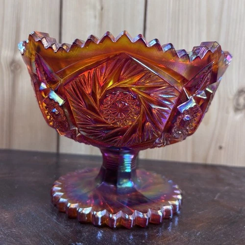 Ruby Red Carnival Glass Vintage LE Smith Glows Footed Pedestal Bowl Aztec