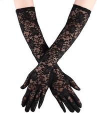 IRYNA Long Lace Gloves - Black Elbow Length Opera Silk Hand Sleeves for Evening