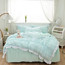 Green Ruffle Duvet Cover Queen Size 3Pcs Bedding Set 1 Zipper Comforter Cover...