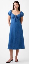 NWT Gap Denim Puff Sleeve Sweetheart Midi Dress, Sz L, Smocked Back, Romantic 