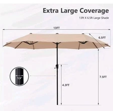 PHI VILLA13 ft. Market No Weights Patio Umbrella 2-Side in Beige