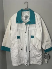 Vintage Windbreaker Jacket “Be in the Current Seen” White Teal Buttons Size 16W