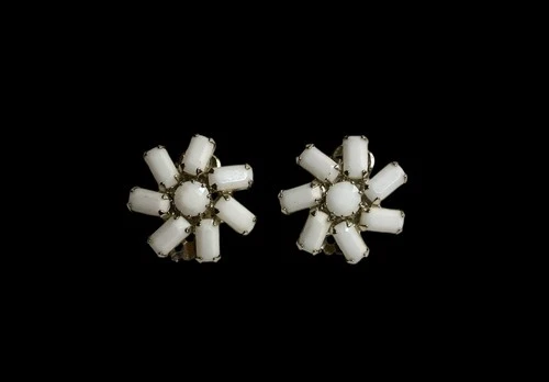 SIGNED Vintage Weiss Earrings. White Milk Glass On Sliver tone. Clip On.