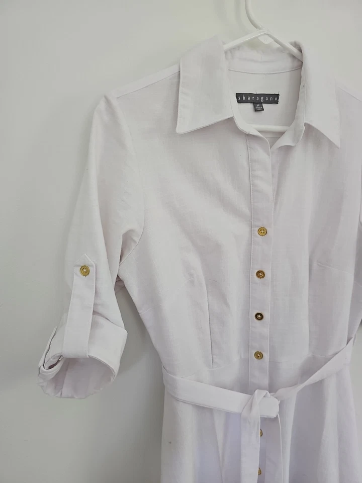 Sharagano White Button Shirt Dress Petite 8P Collar Roll-tab Sleeve Tie Belt - Image 4 of 4